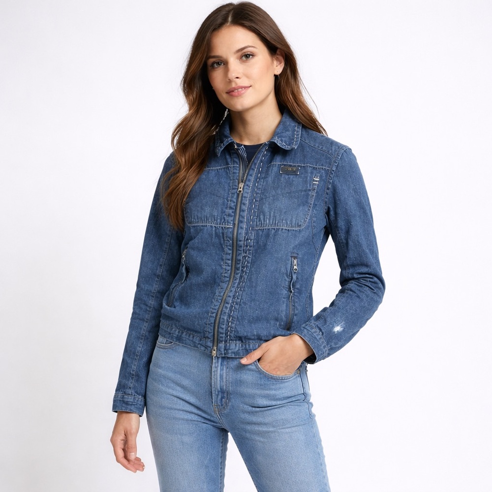 Unique Timeless Emporio Armani Biker Moto Denim Jacket Leather Detailing Size S